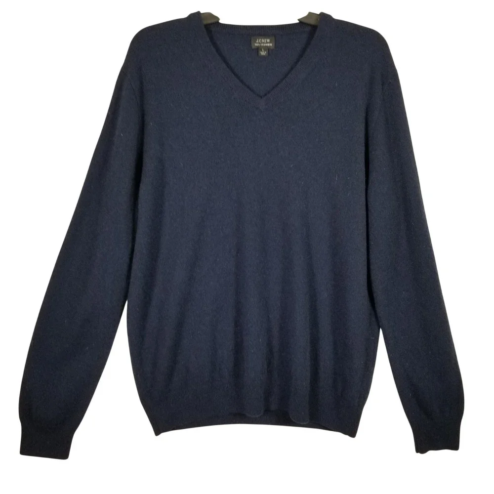 J.Crew Mens Navy Blue 100% Cashmere V-Neck‎ Sweater Size Large L Long Sleeve